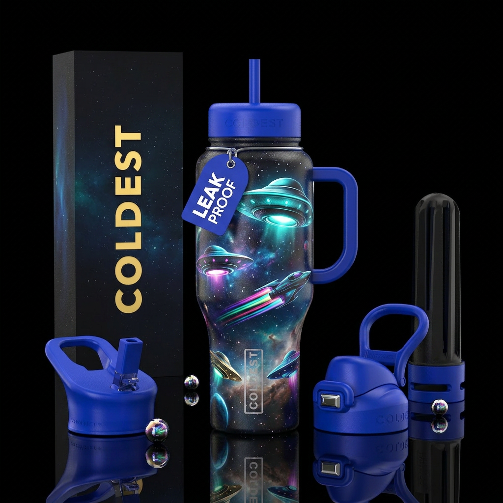Ufo, glossy, glowie, trompe-l'œil, unique water bottle design