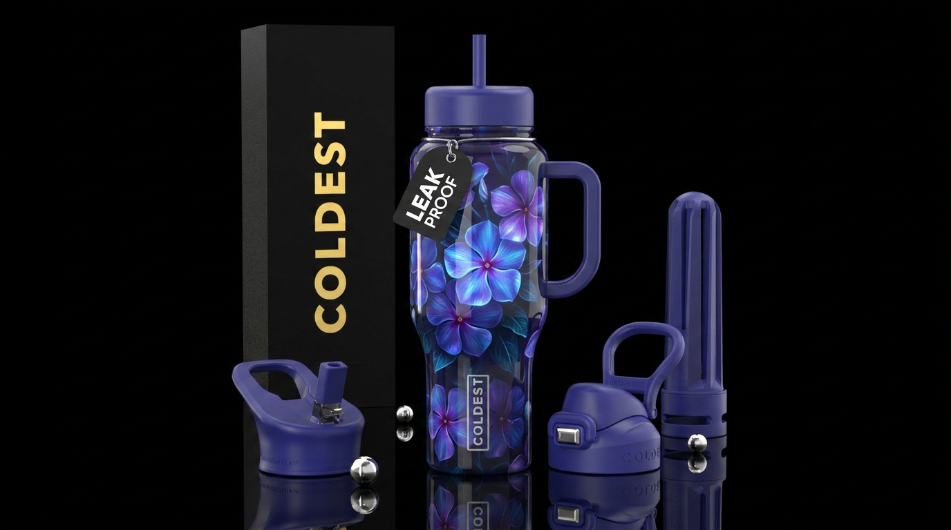 Vinca,glossy, glowie, trompe-l'œil, unique water bottle design