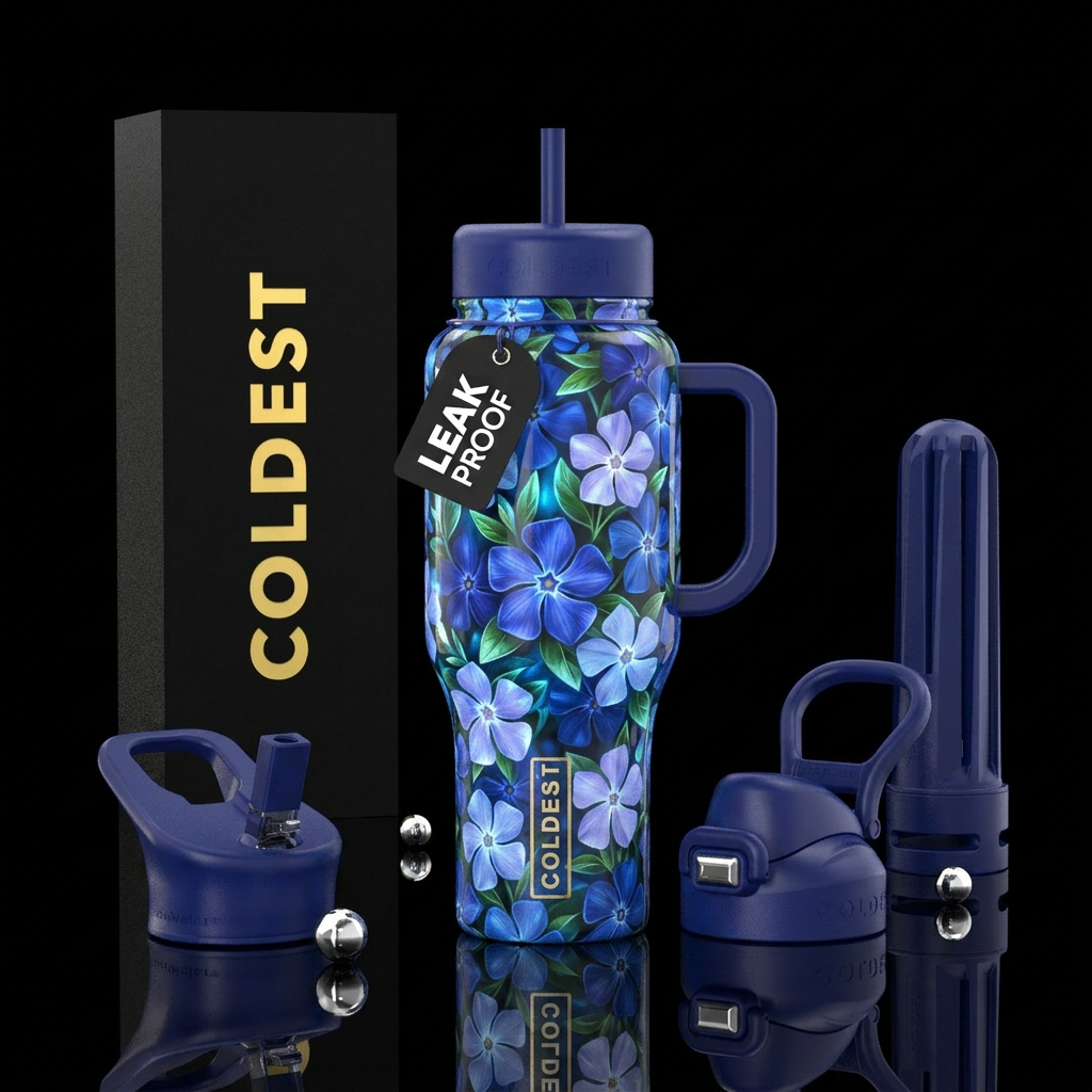 Vinca,glossy, glowie, trompe-l'œil, unique water bottle design