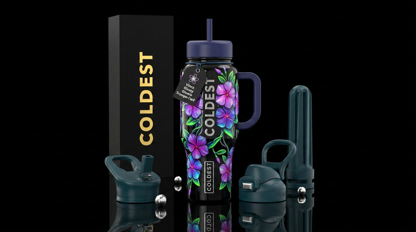 Vinca,glossy, glowie, trompe-l'œil, unique water bottle design