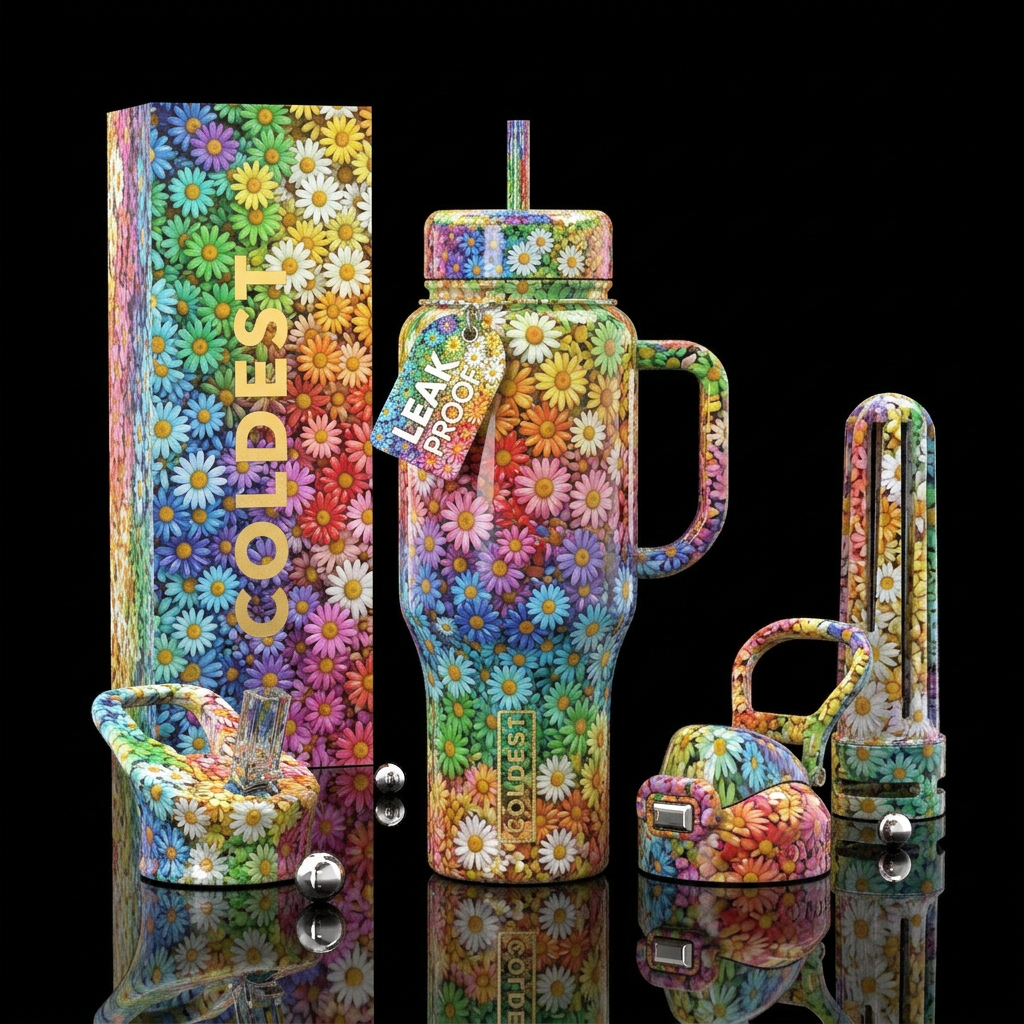 Daisy, glossy, alluring, trompe-l'œil, colorful water bottle design