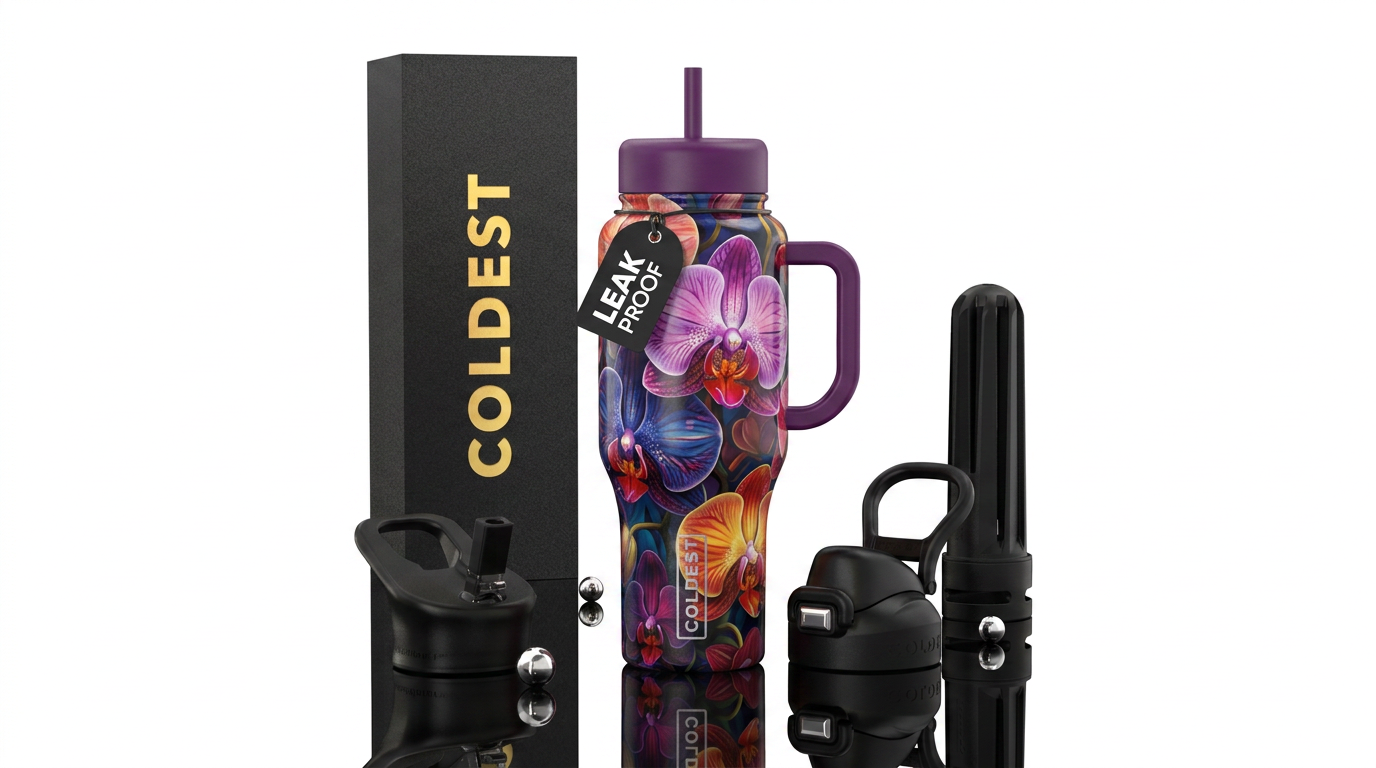 Orchids, colorful, glossy, alluring, trompe-l'œil water bottle design