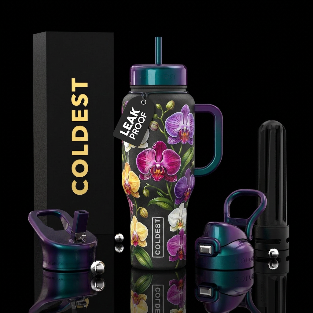 Orchids, unique,colorful, glossy, alluring, trompe... water bottle design