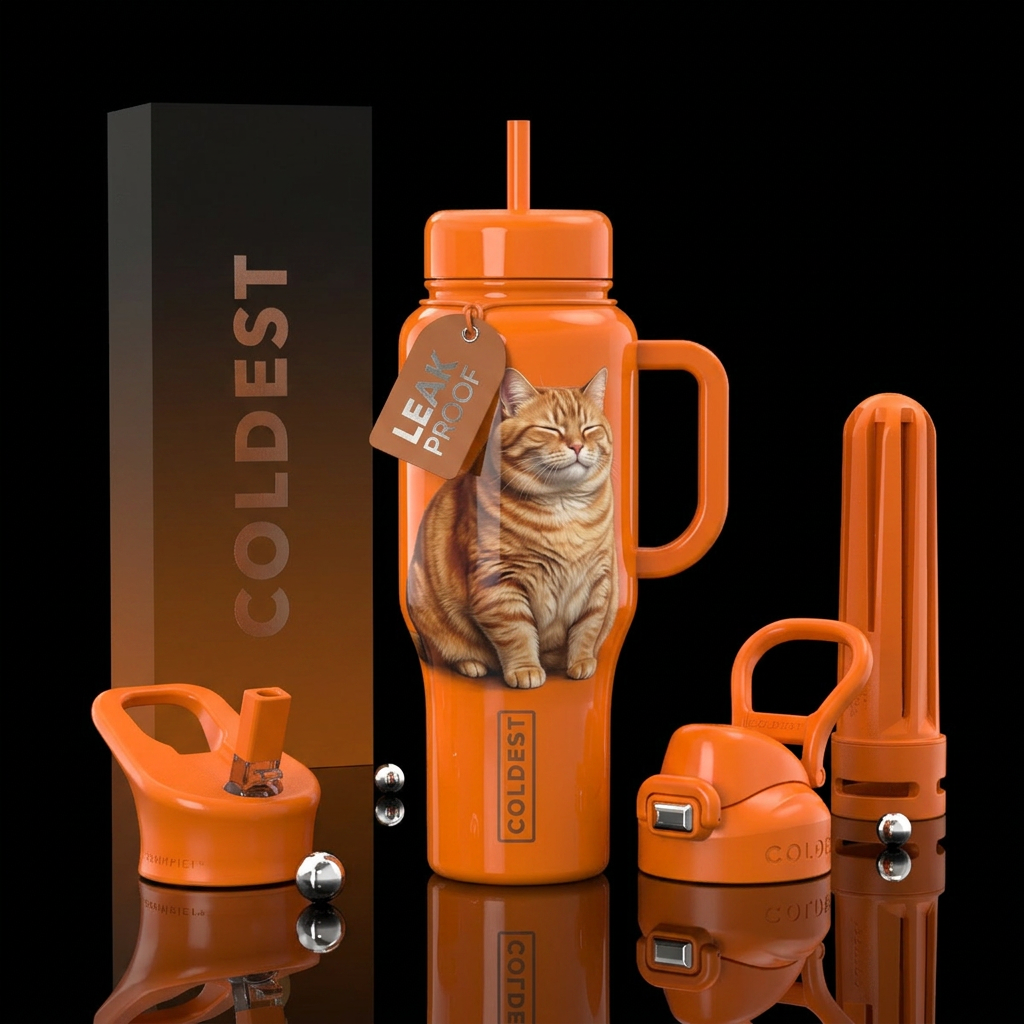 Fat orange cat, glossy, trompe-l'œil water bottle design
