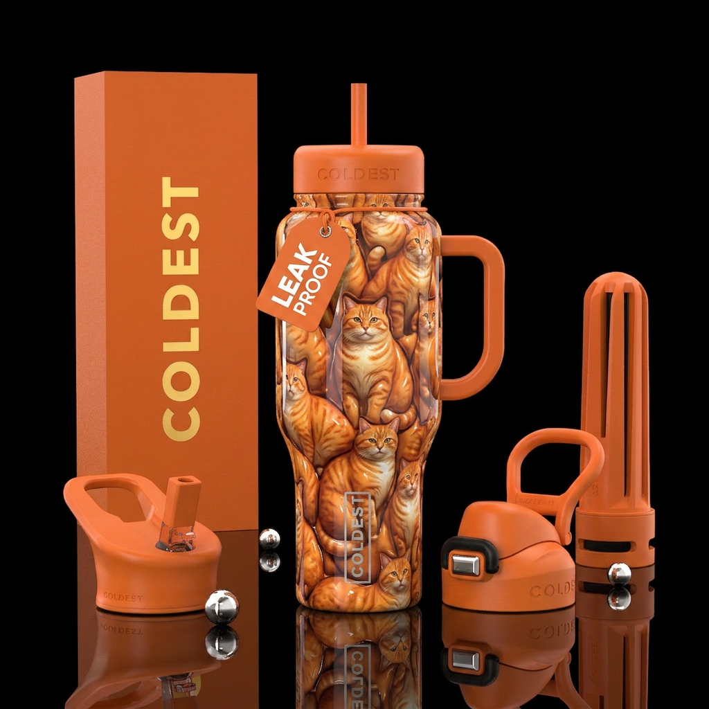 Fat orange cats, glossy, trompe-l'œil water bottle design