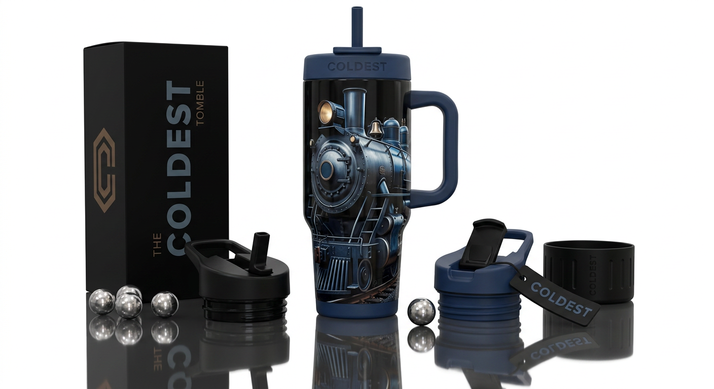 Steam locomotive, glossy, trompe-l'œil water bottle design