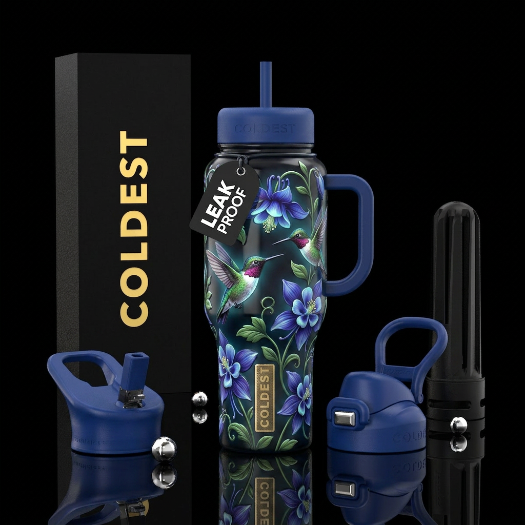Columbine, hummingbirds, glow in the dark, glossy,... water bottle design