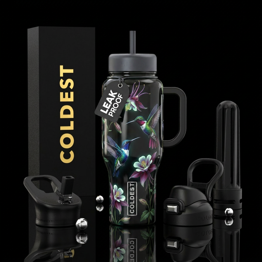 Columbine, hummingbirds, glow in the dark, glossy,... water bottle design