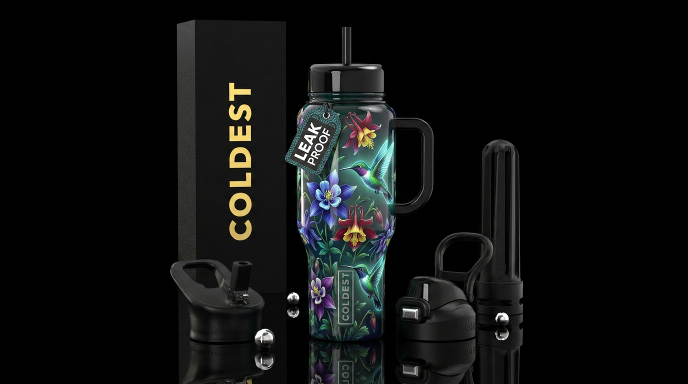 Columbine, hummingbirds, glow in the dark, glossy,... water bottle design