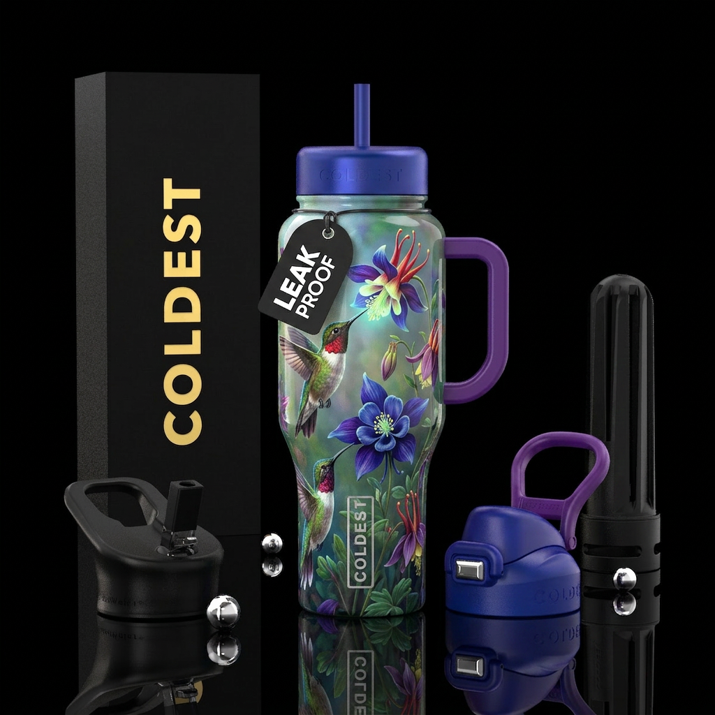 Columbine, hummingbirds, glow in the dark, glossy,... water bottle design