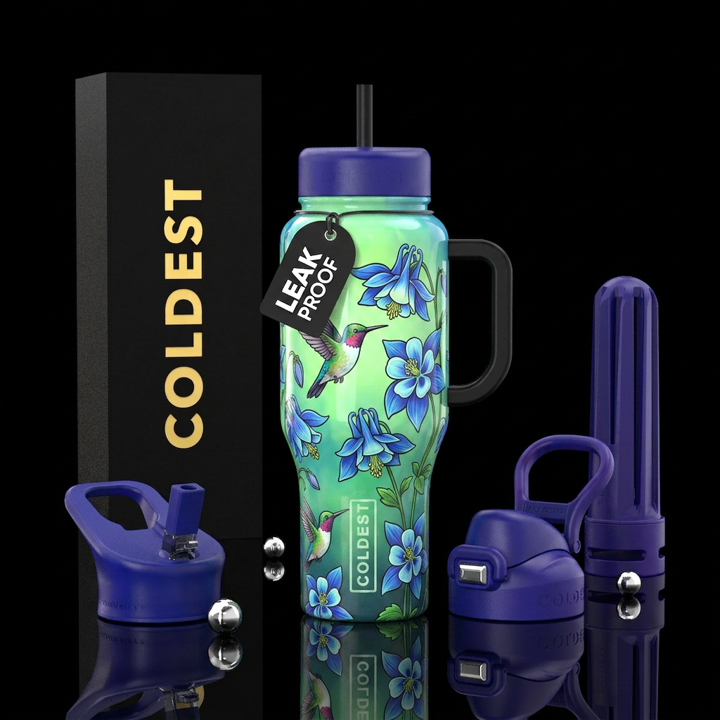 Columbine, hummingbirds, glow in the dark, glossy,... water bottle design