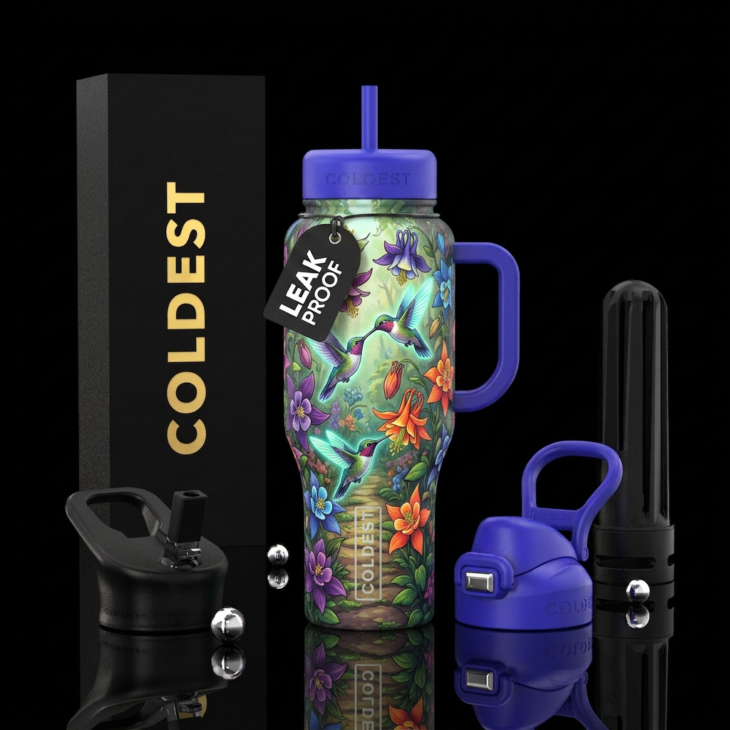 Columbine, hummingbirds, glow in the dark, glossy,... water bottle design