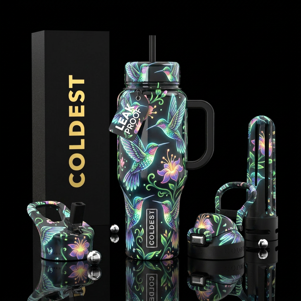 , hummingbirds, glow in the dark, glossy, trompe-l... water bottle design