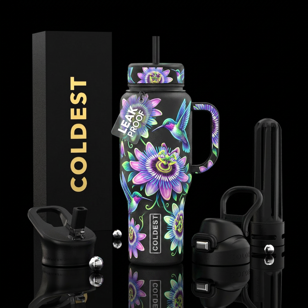 Passion flowers, hummingbirds, glow in the dark, g... water bottle design