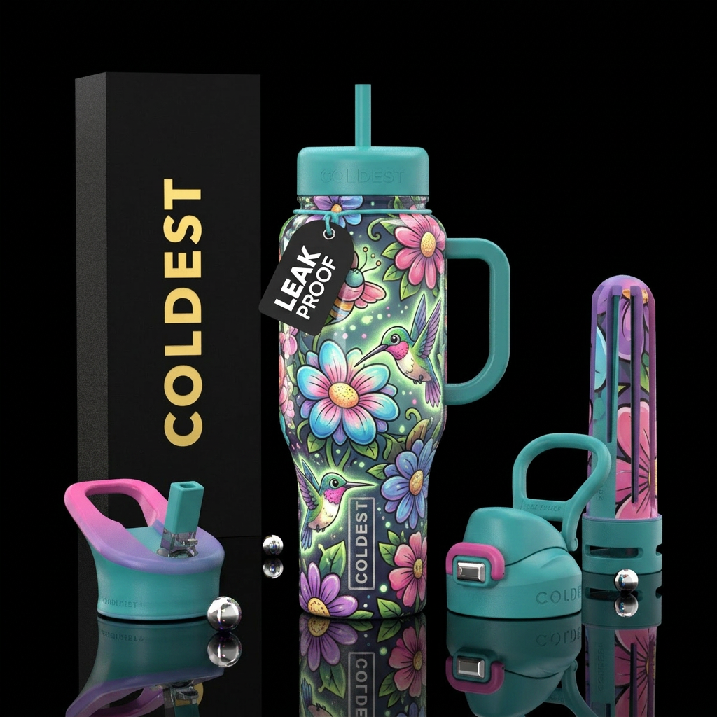 Flowers, hummingbirds, glow in the dark, glossy, t... water bottle design