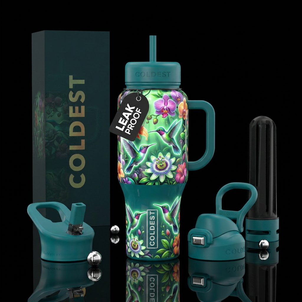 Flowers, hummingbirds, glow in the dark, glossy, t... water bottle design
