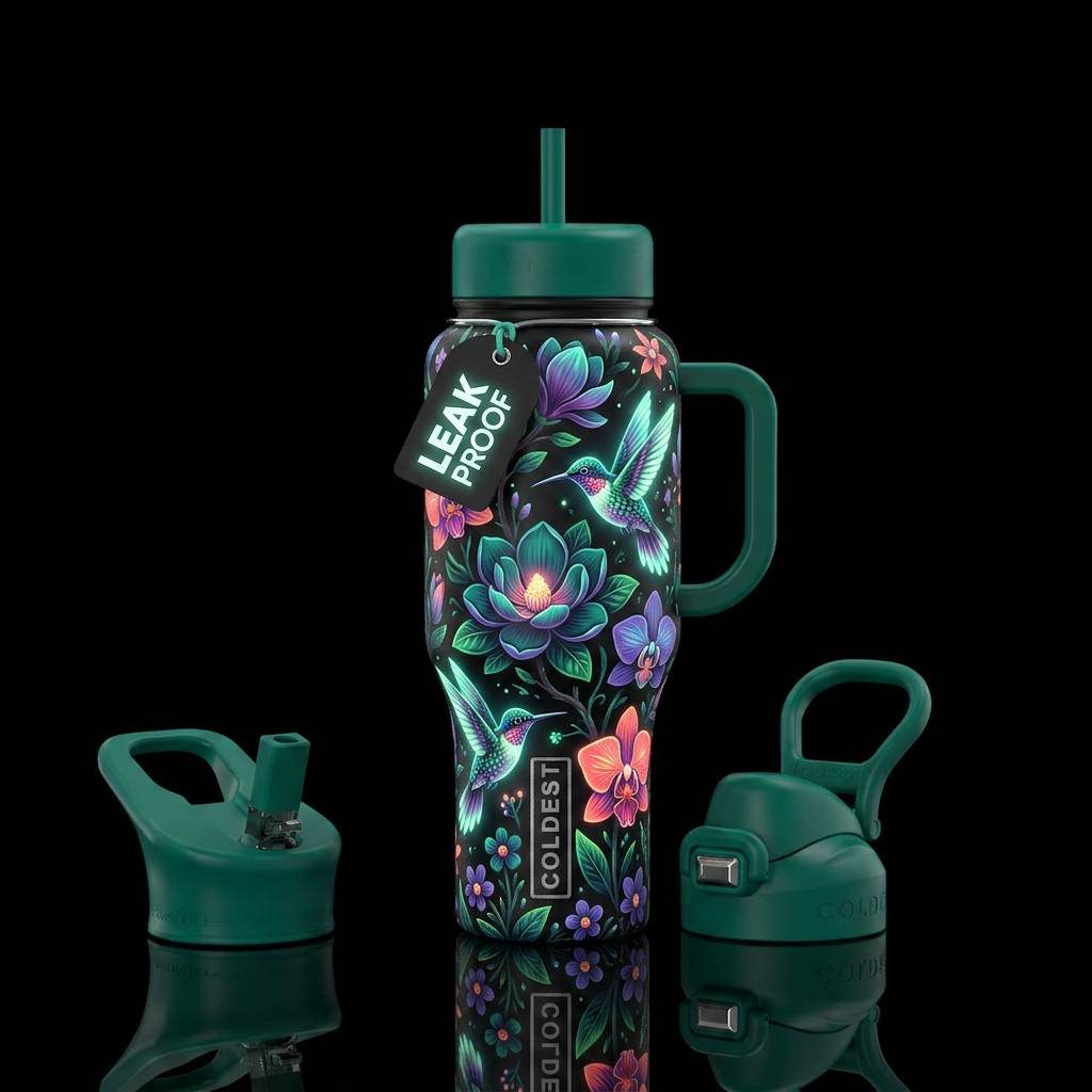 Flowers, hummingbirds, glow in the dark, glossy, t... water bottle design