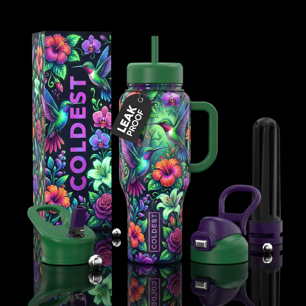 Flowers, hummingbirds, glow in the dark, glossy, t... water bottle design