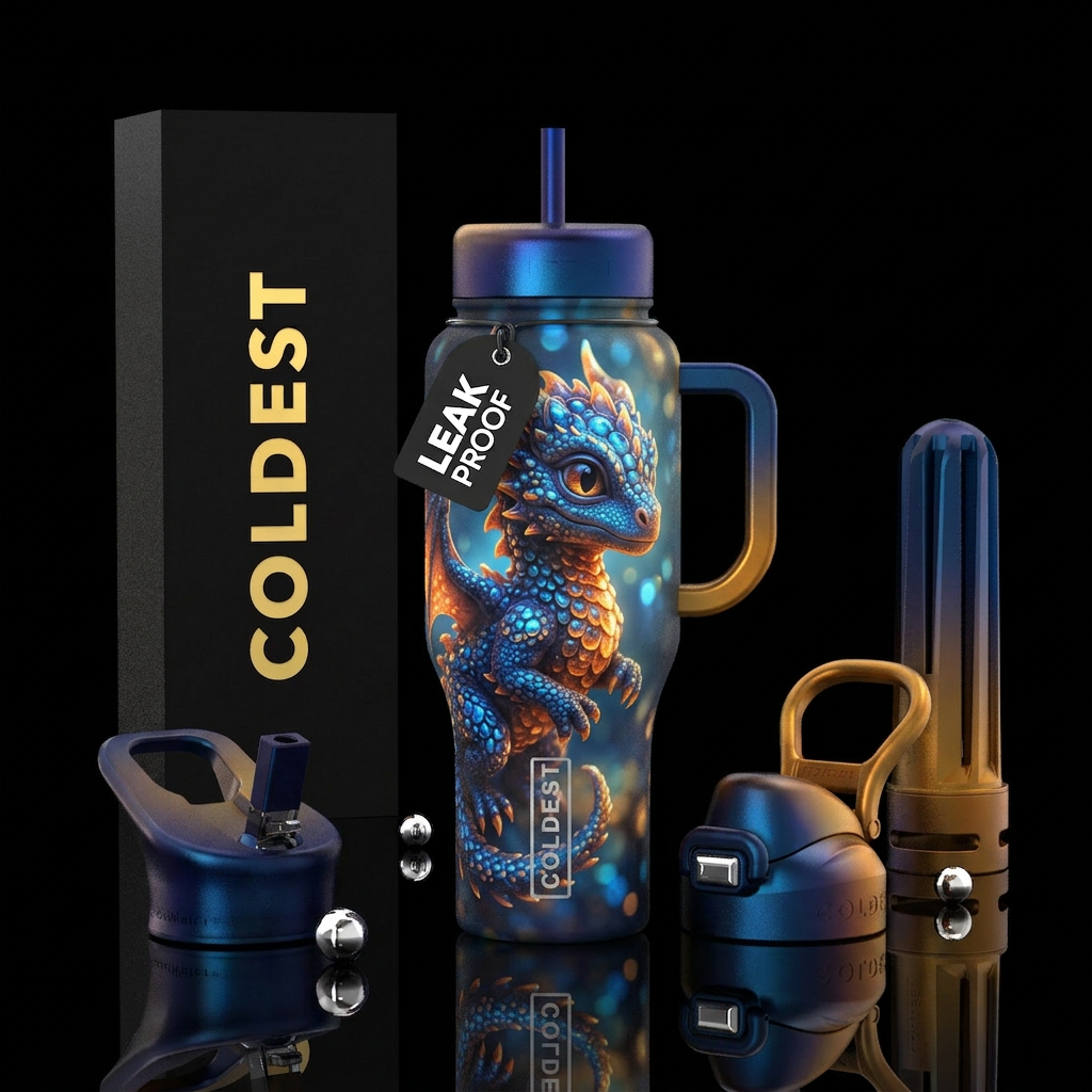whimsical, fantasy baby dragon. The dragon has vib... water bottle design