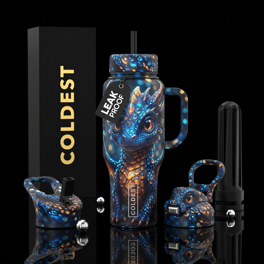whimsical, fantasy baby dragon. The dragon has vib... water bottle design