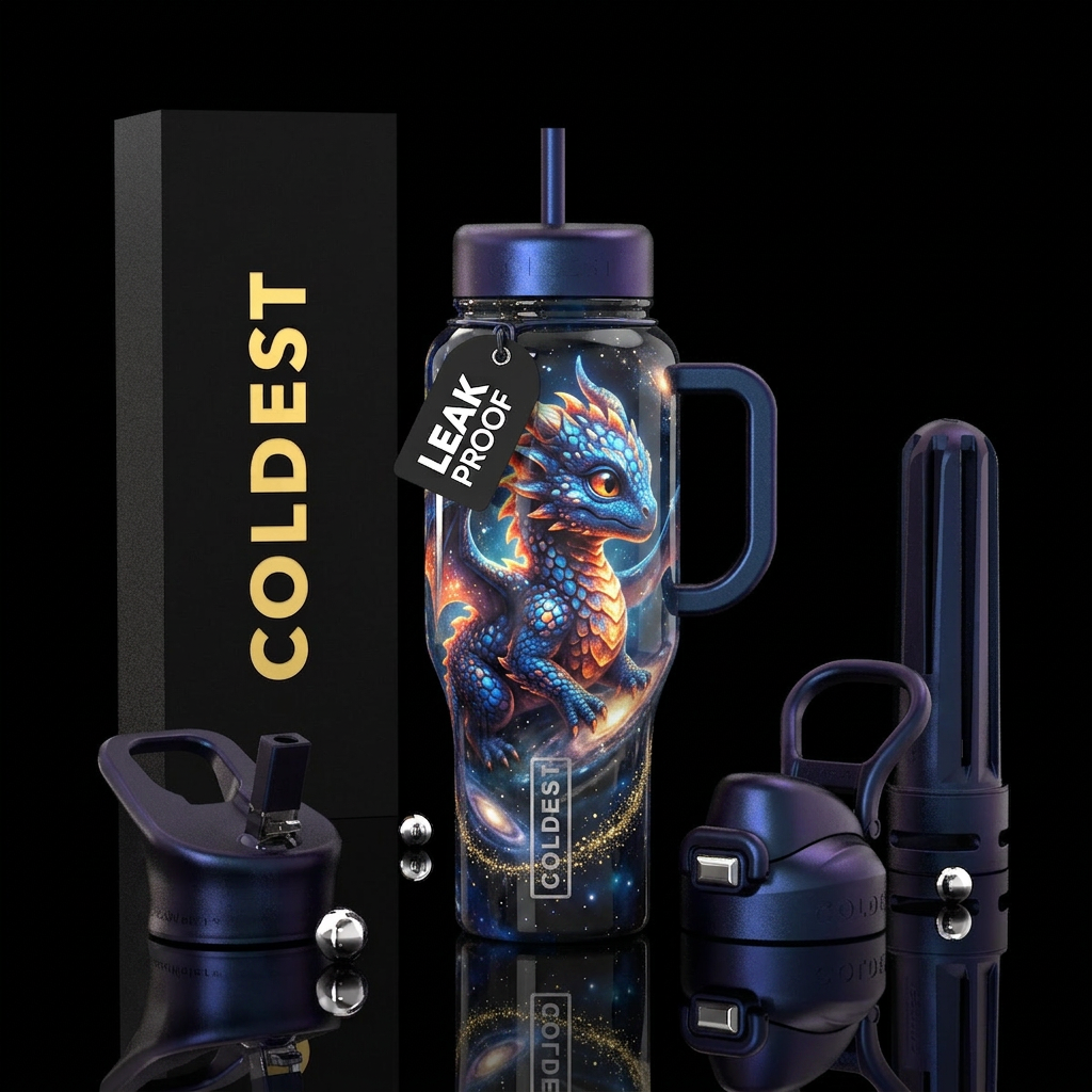 whimsical fantasy baby dragon blending into a cosm... water bottle design