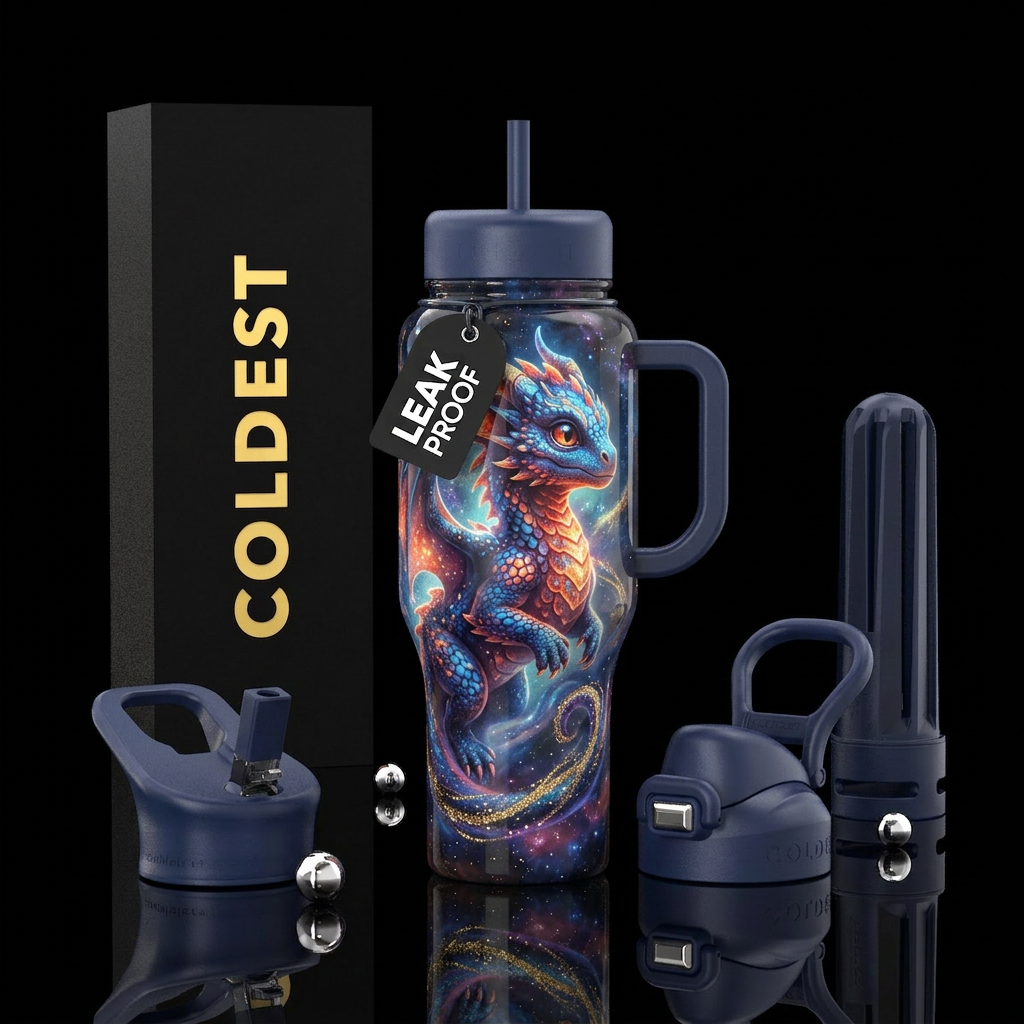 whimsical fantasy baby dragon blending into a cosm... water bottle design
