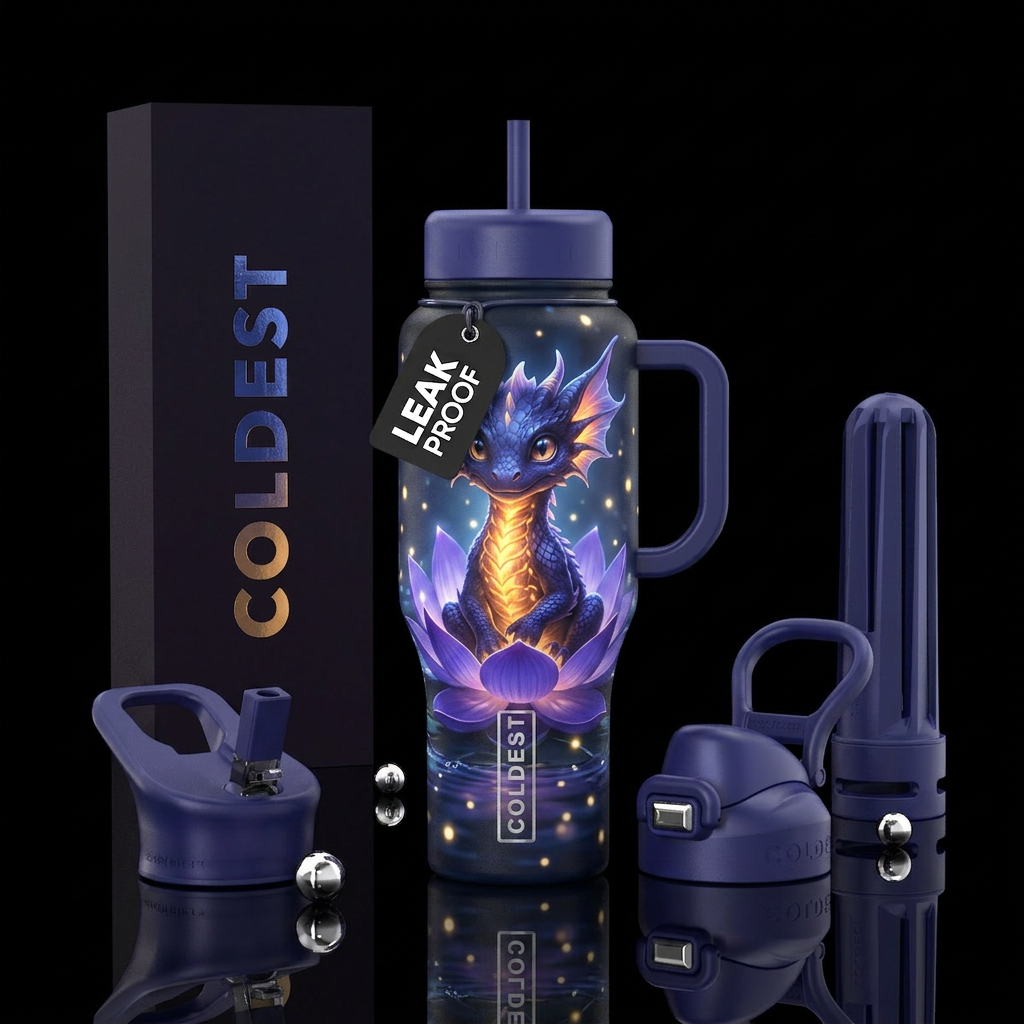small, mystical baby dragon sitting inside a glowi... water bottle design