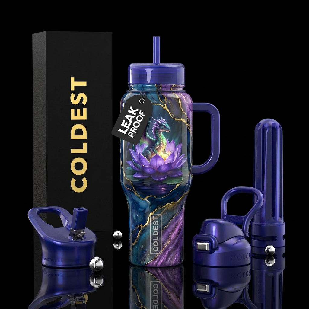 small, glowing-chested fantasy dragon perched insi... water bottle design