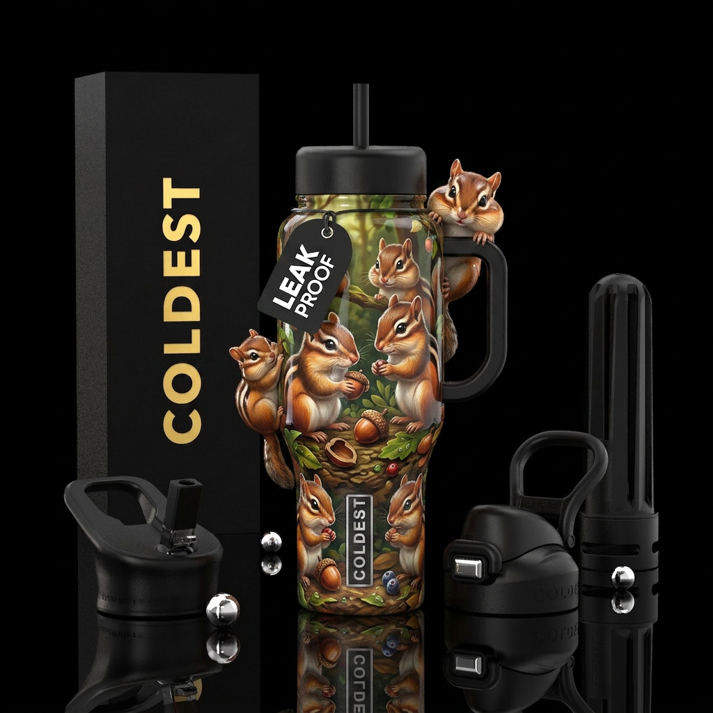 Cute chipmunks,glossy, trompe-l'œil water bottle design
