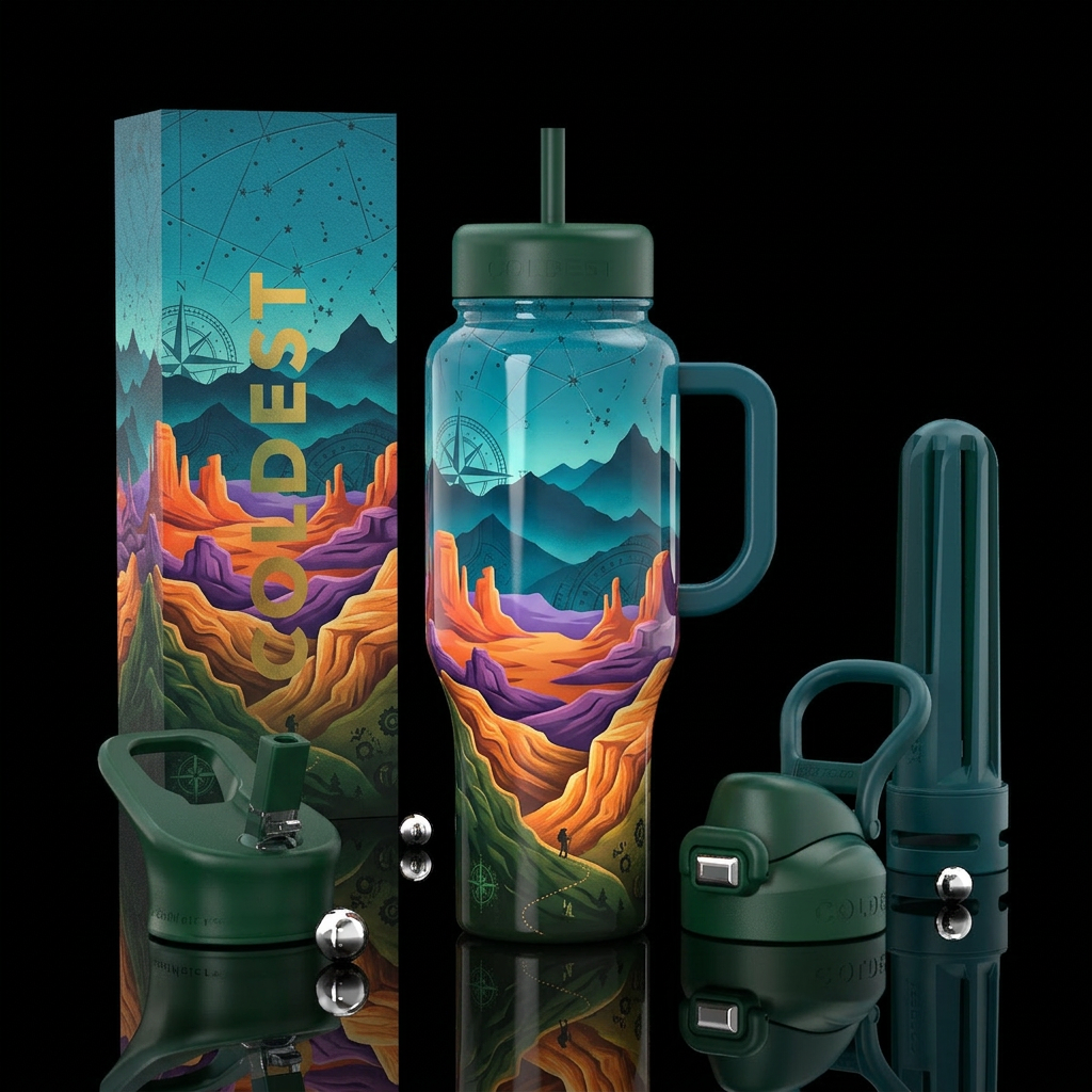 dip dye, adventurous,glossy, trompe-l'œil water bottle design