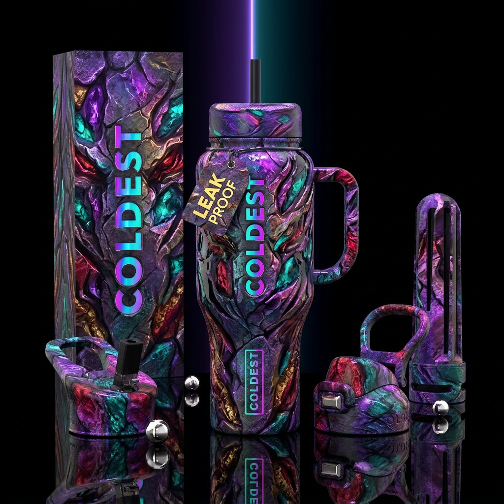 mysterious, moody, glossy, trompe-l'œil, raw, fier... water bottle design
