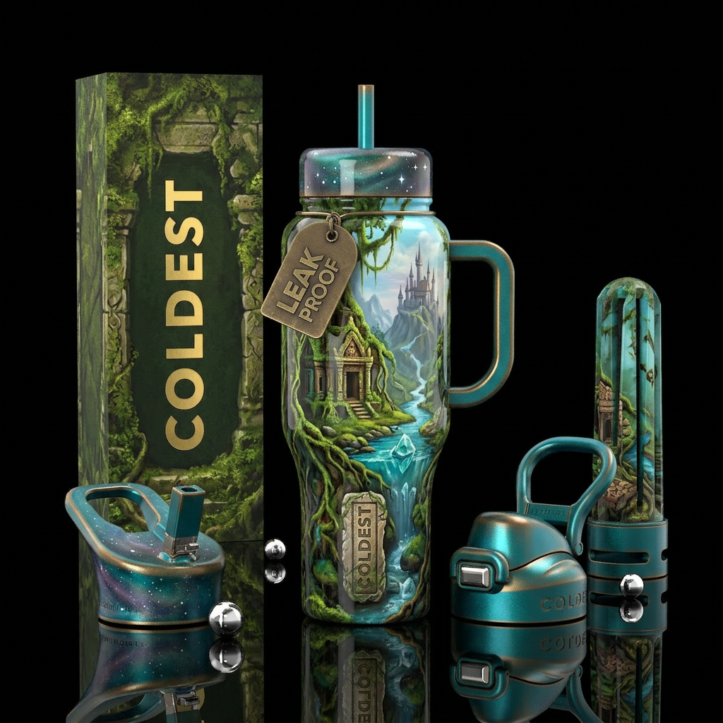 Lost, glossy, trompe-l'œil, fantasy water bottle design