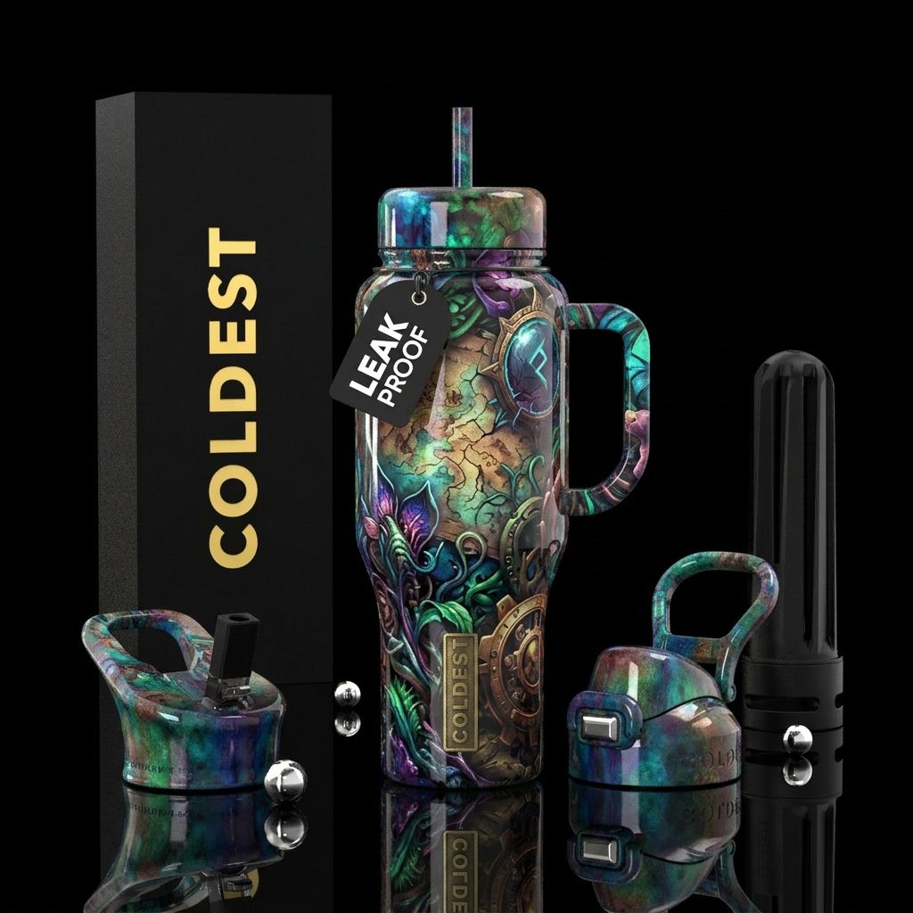 Lost, glossy, trompe-l'œil, fantasy, rebellious water bottle design