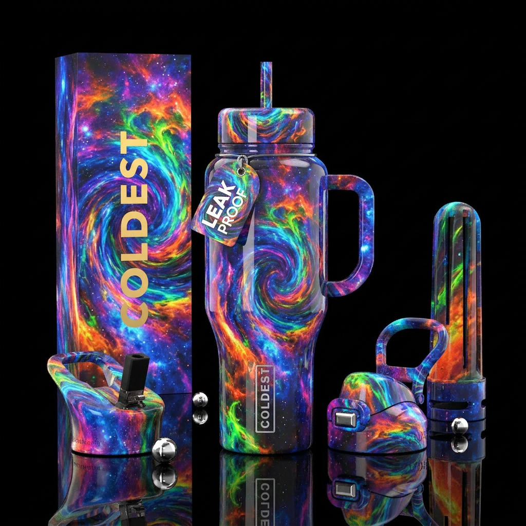 glossy, trompe-l'œil, fantasy, rebellious, shoegaz... water bottle design