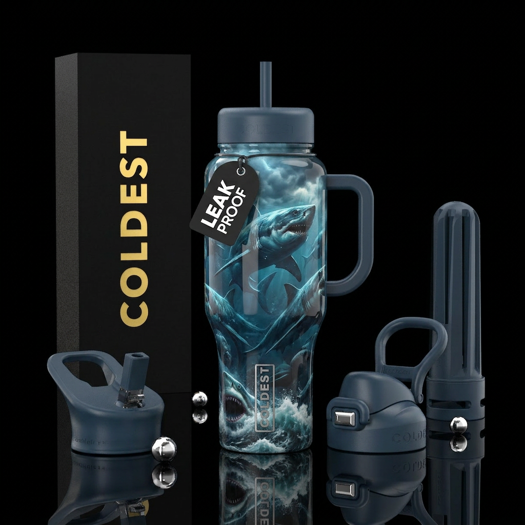 Otherworldly sharks, glossy, trompe-l'œil, stormy ... water bottle design