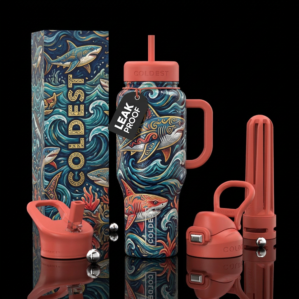 Otherworldly sharks, glossy, trompe-l'œil, stormy ... water bottle design