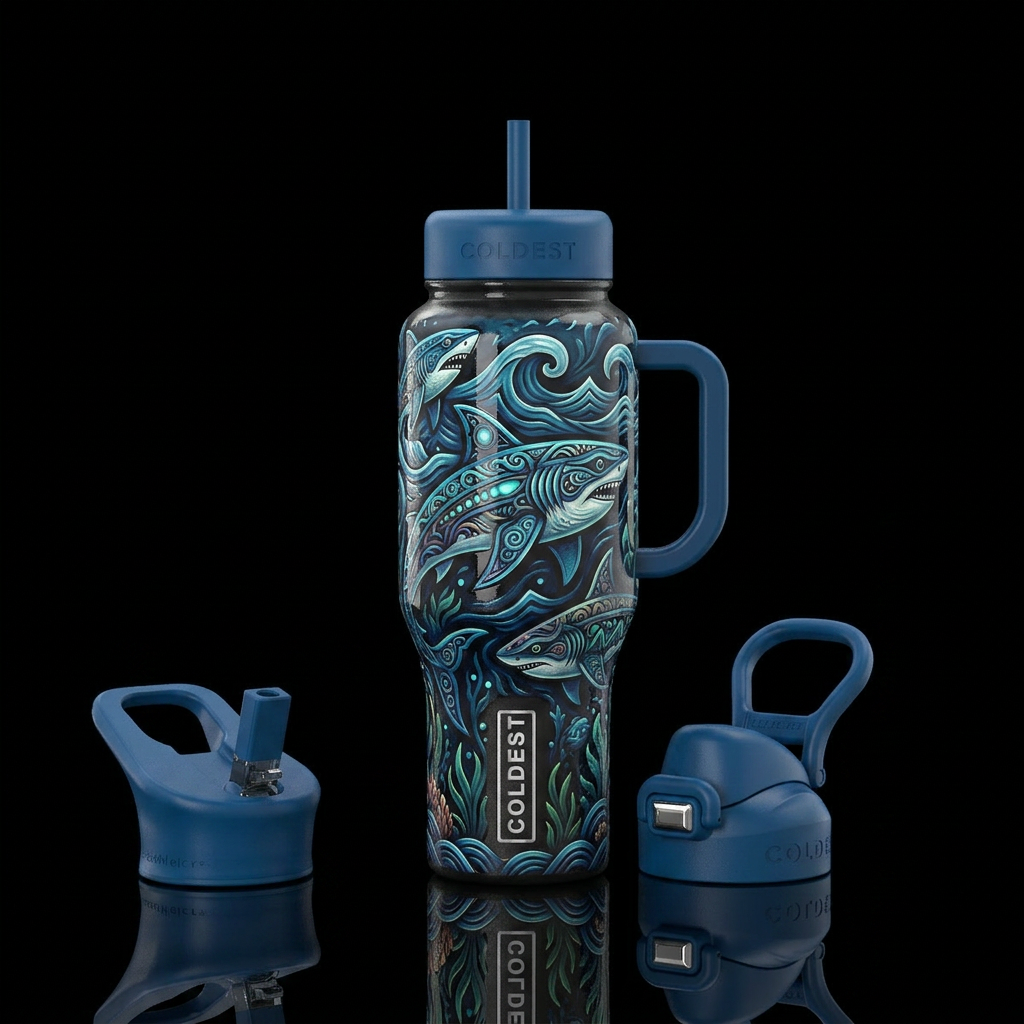 Otherworldly sharks, glossy, trompe-l'œil, stormy ... water bottle design