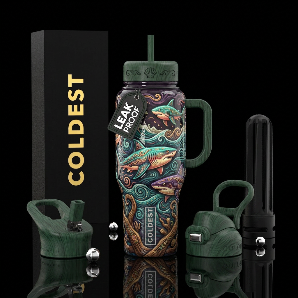 Otherworldly sharks, glossy, trompe-l'œil, stormy ... water bottle design