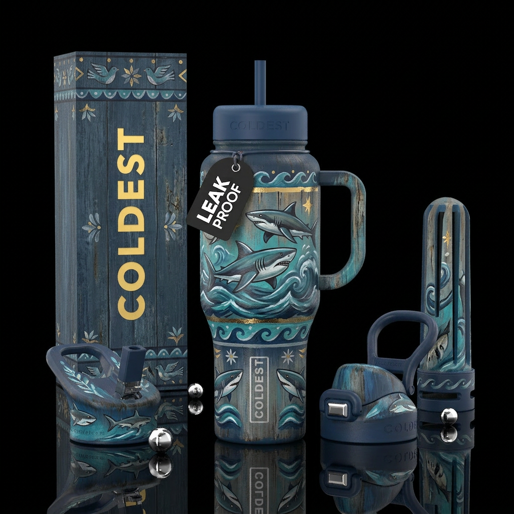 sharks, glossy, trompe-l'œil, stormy seas, folk ar... water bottle design