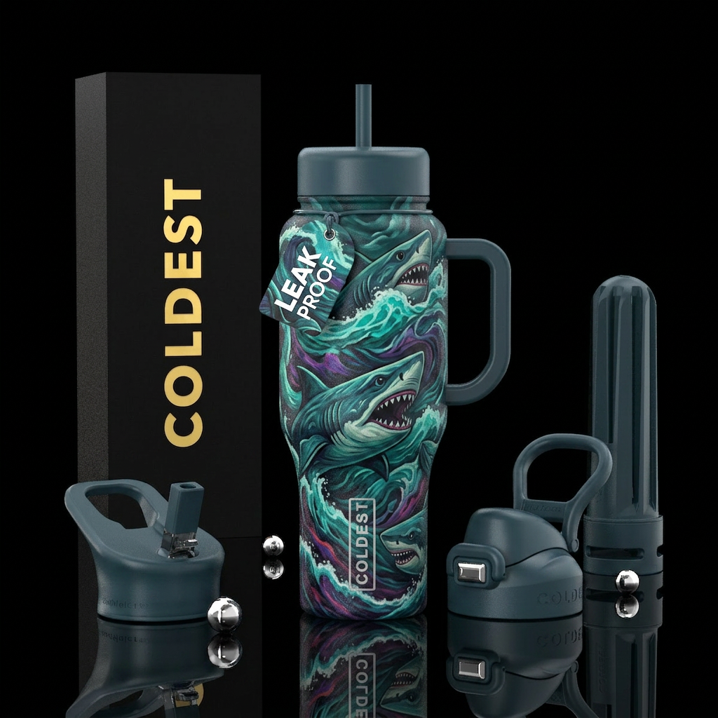 sharks, glossy, trompe-l'œil, stormy seas, folk ar... water bottle design