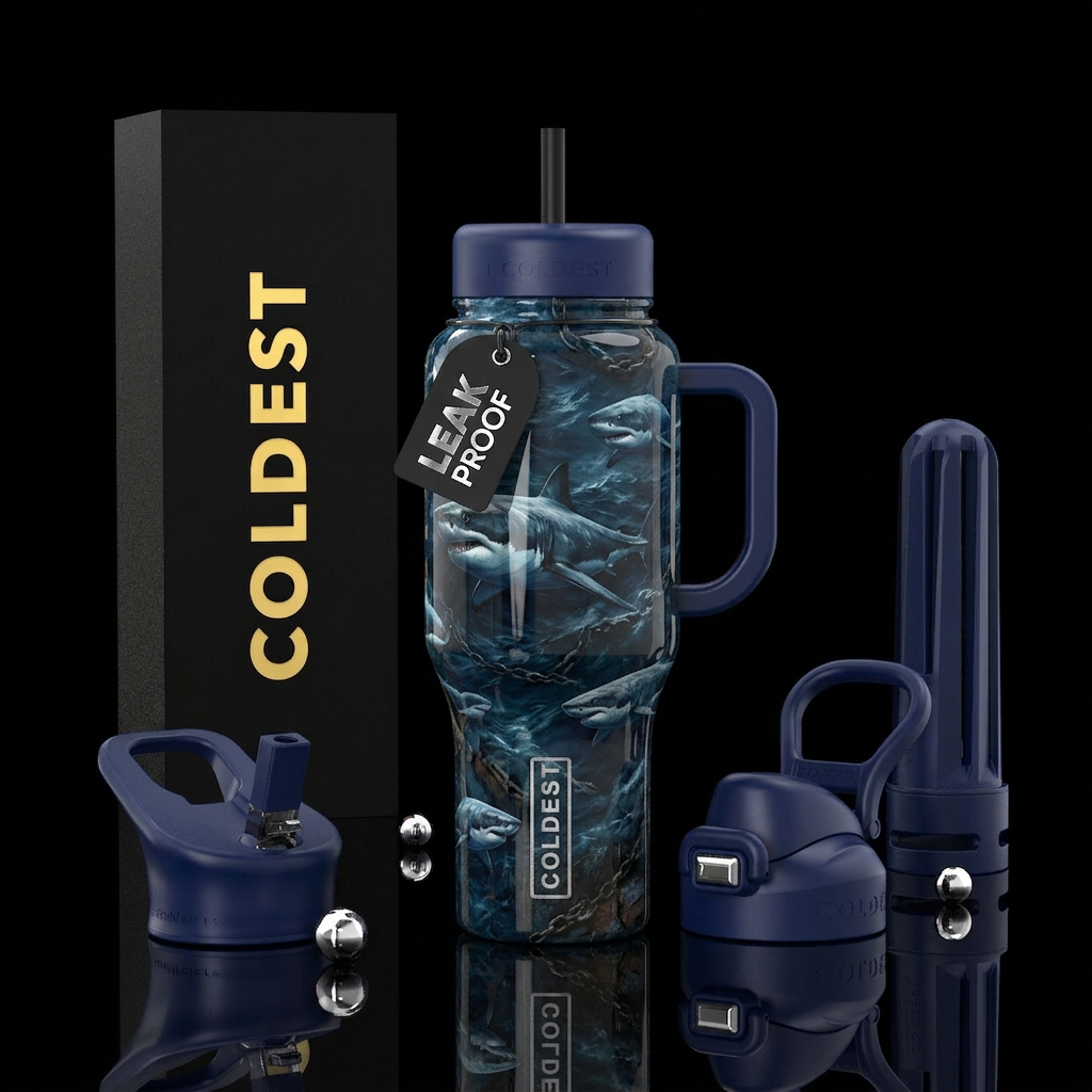 sharks, glossy, trompe-l'œil, stormy seas, folk ar... water bottle design