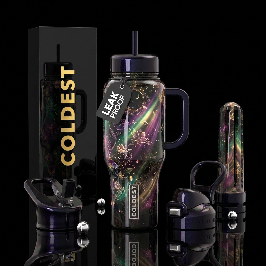 Romanticism, glossy, glowie, alluring, trompe-l'œi... water bottle design