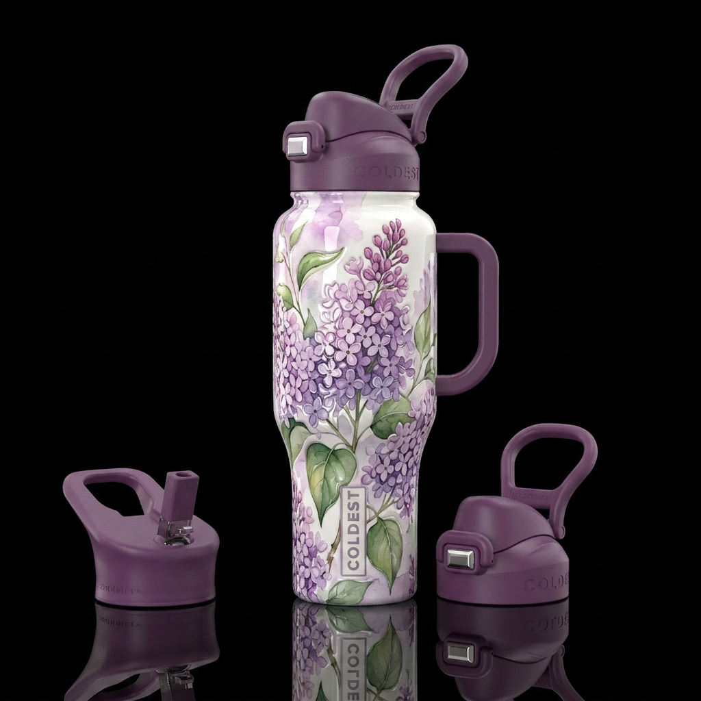 Lilac, water color, glossy, trompe-l'œil water bottle design