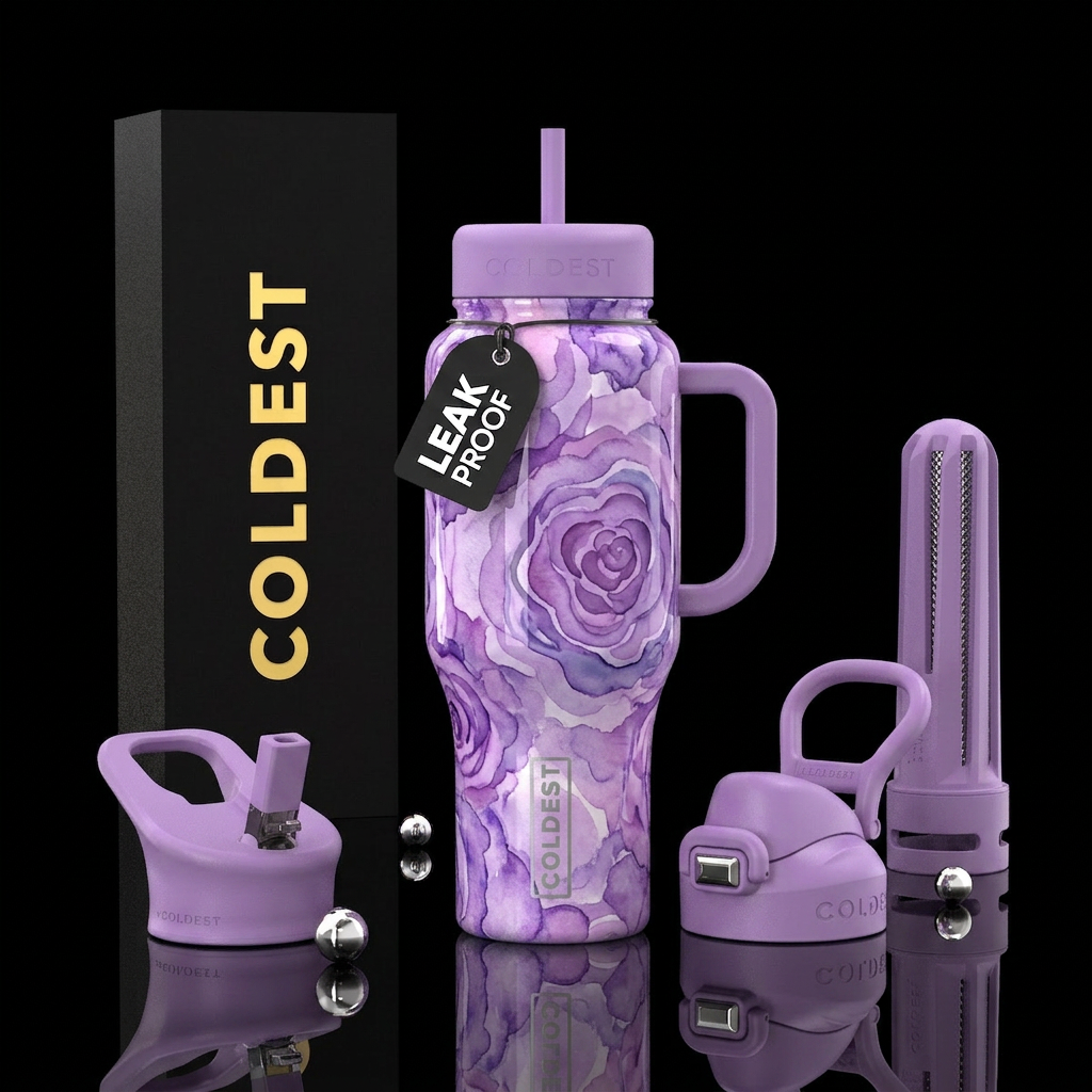 Lilac, water color, glossy, trompe-l'œil water bottle design