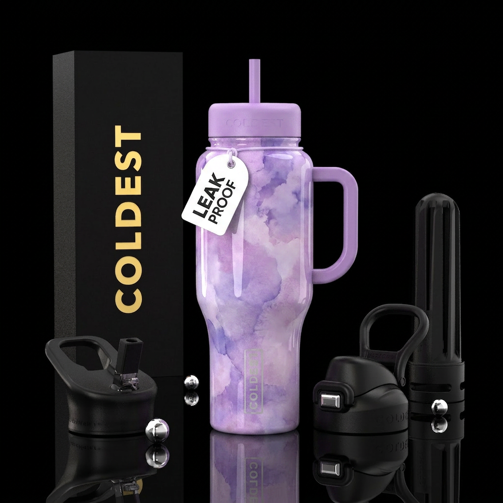 Lilac, water color, glossy, trompe-l'œil water bottle design