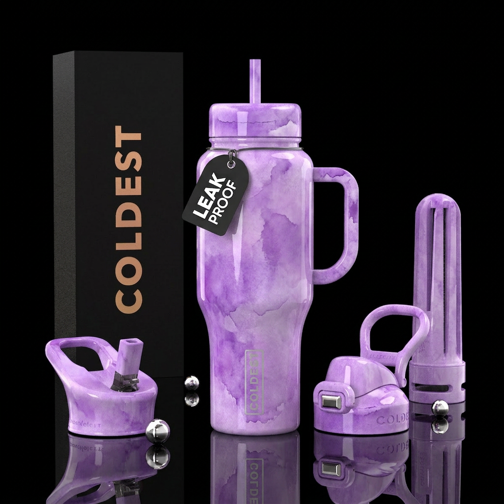 Lilac, water color, glossy, trompe-l'œil water bottle design