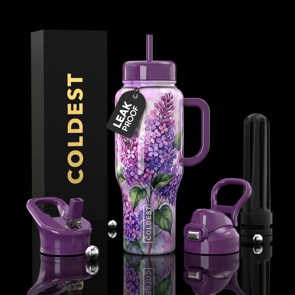Lilacs, water color, glossy, trompe-l'œil water bottle design