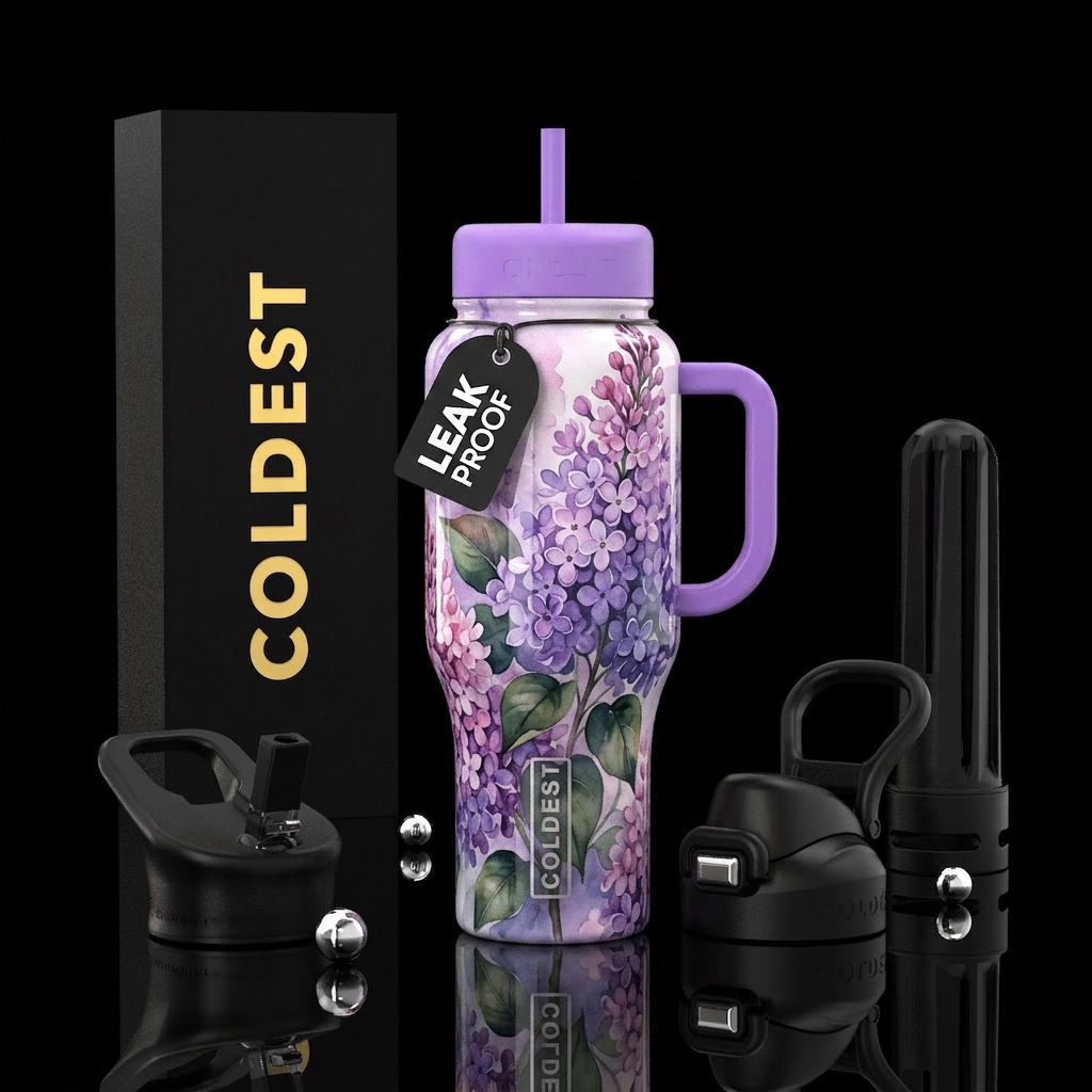 Lilacs, water color, glossy, trompe-l'œil water bottle design