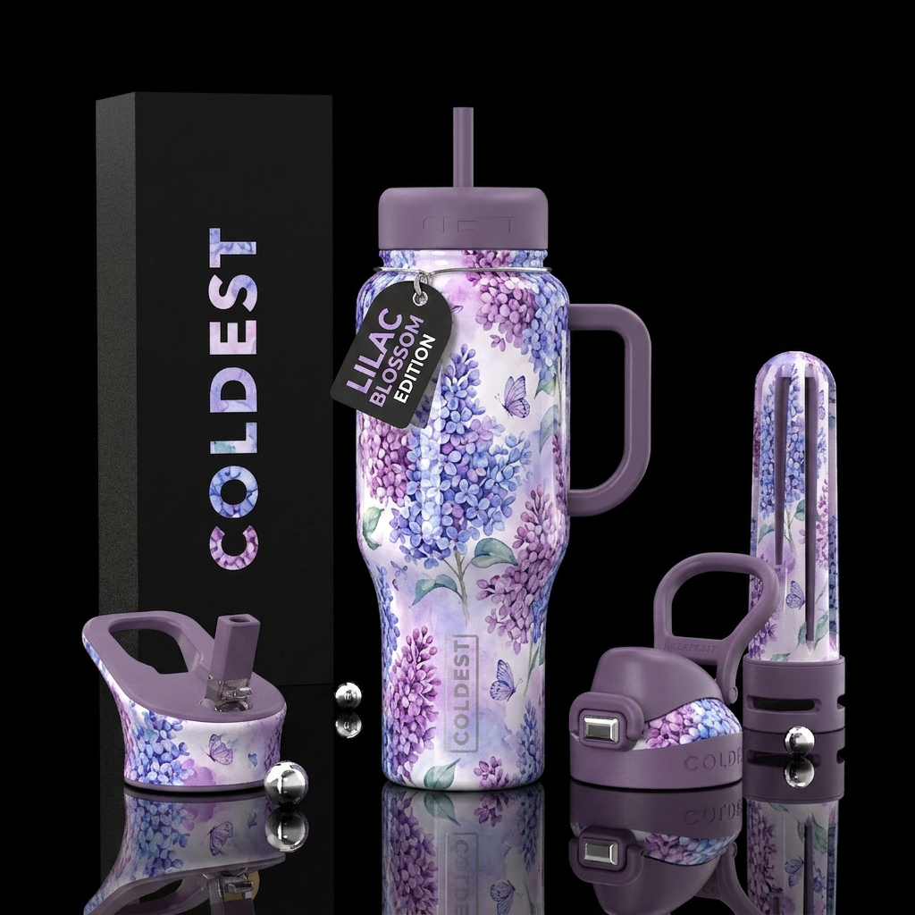 Lilacs, water color, glossy, trompe-l'œil,tiny but... water bottle design