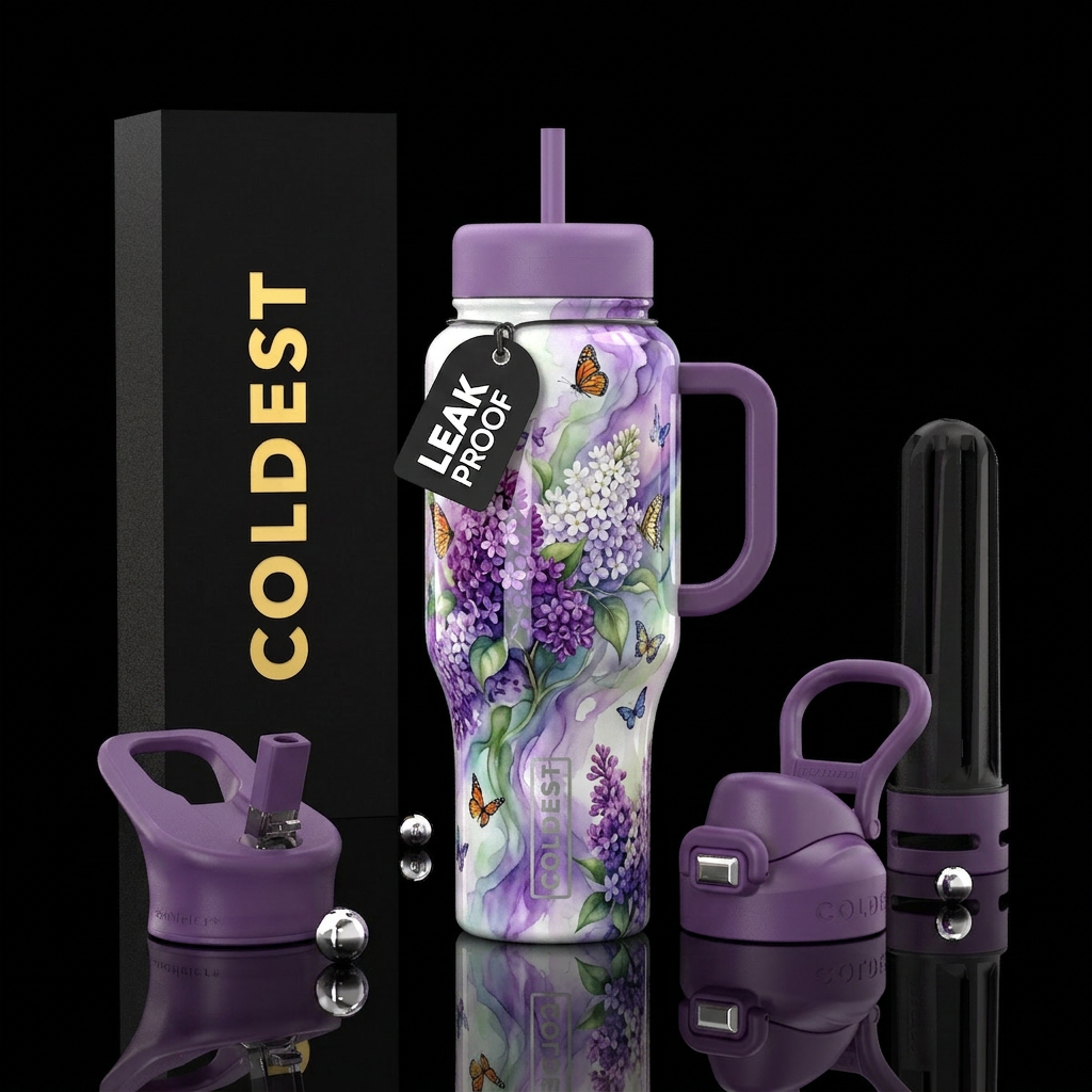 Lilacs, water color, glossy, trompe-l'œil,tiny but... water bottle design